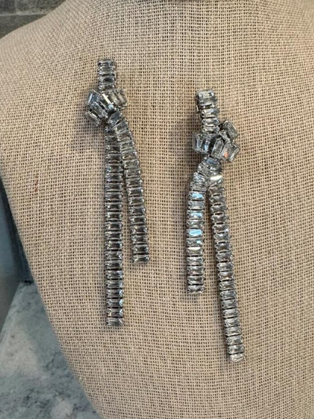 Rhinestone and Silver Knot Art Deco Drop Dangle Earrings